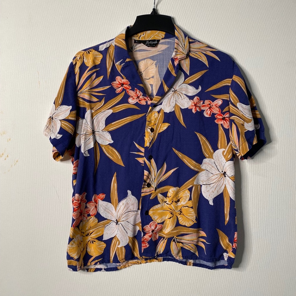Unique Vintage Hutspah Hawaiian Shirt – Blue / Khaki / White / Yellow / Pink – S